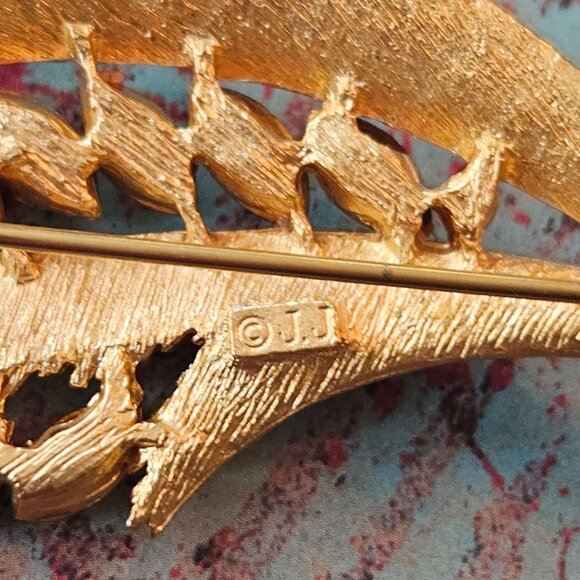 Vintage JJ Gold & Orange Green Brown Stones Fall Statement Leaf Brooch - Picture 5 of 5